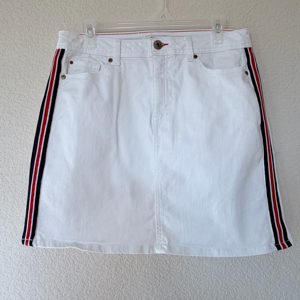 EV 1 Authentic White Alex A-line Denim Skirt with Striped Accents Size 10